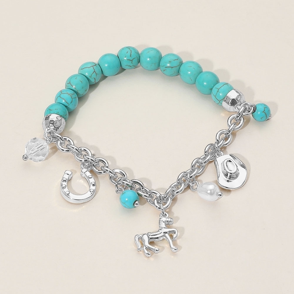 Silver Turquoise Blue Beaded Horse Charm Bracelet Western Cowboy Hat HorseShoe